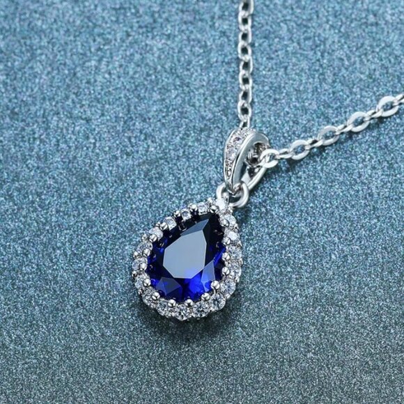 NEW 14k White Gold Blue Sapphire Diamond Necklace Tear Drop Pear Cut Pendant - Picture 2 of 5